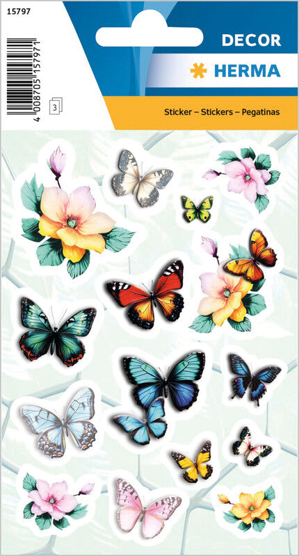 HERMA Schmucketiketten – Schmetterlinge & Blumen, permanent, mehrfarbig, 84 × 120 mm, 3 Blatt (45 Stk.)