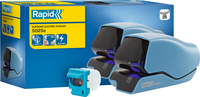Rapid 5025e – Elektrischer Hefter, 25 Blatt, Flat-Clinch, Vorderlade, Einlegetiefe 65 mm, Blau