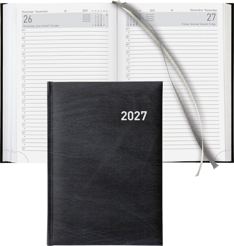 Biella Executive Agenda – 1 Tag pro Seite, gebunden, 14,5 × 20,5 cm, 2027, 1/2-Stunden-Takt, schwarz, FSC