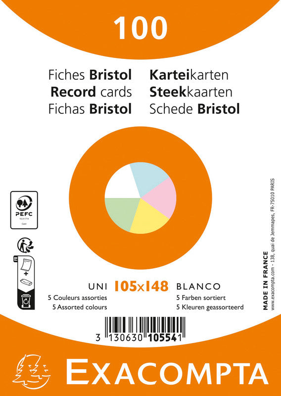 Exacompta Karteikarte A6 quer, blanko, farbig sortiert, 205 g/m², Karteikarton – 100 Stück