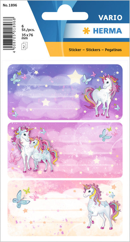 HERMA Vario Schuletiketten – Motiv Einhorn Best Friends – 35×76 mm, Abgerundete Ecken, 6 Stück, 2 Bögen