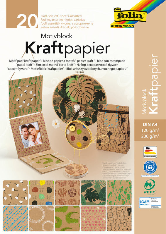 Folia Motivblock Kraftpapier – A4 – 120/230 g/m² – Mehrfarbig – 20 Blatt