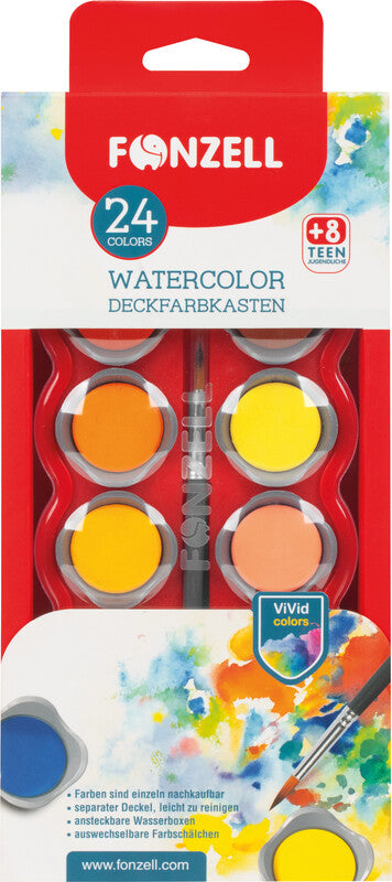 Fonzell Deckfarbkasten – 24 Farben, sortiert, mit Pinsel