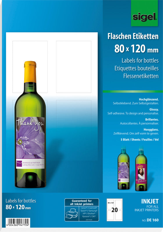 Sigel Drucketiketten, 80 mm × 120 mm, weiss, Papier, permanent, 20 Etiketten (5 Blatt)