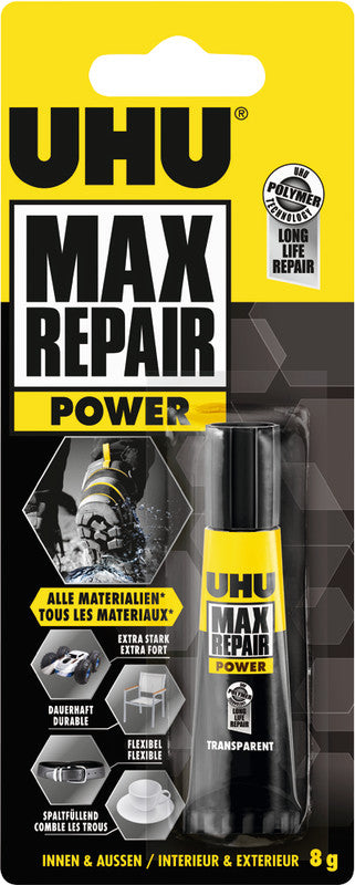 UHU Max Repair Power Kraftkleber – permanent, transparent, wasserfest, lösemittelfrei, 8 g, für Reparaturen
