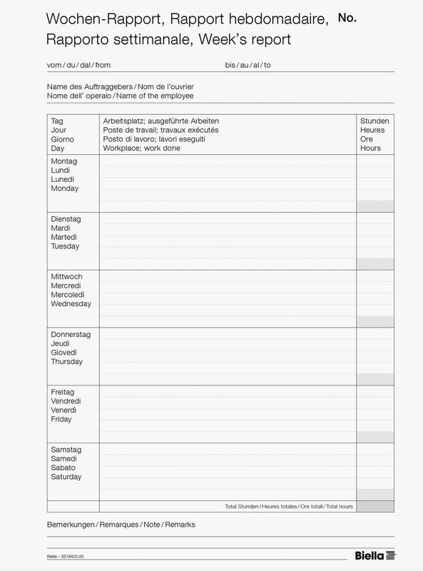 Biella Formularblock – Wochen-Rapporte, mehrsprachig, 50 Blatt, A4