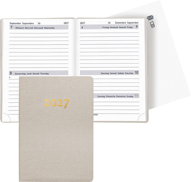 Biella Tell Agenda – 2 Tage pro Seite, gebunden, 8,5 × 12,5 cm, 2027, mehrsprachig, beige, FSC