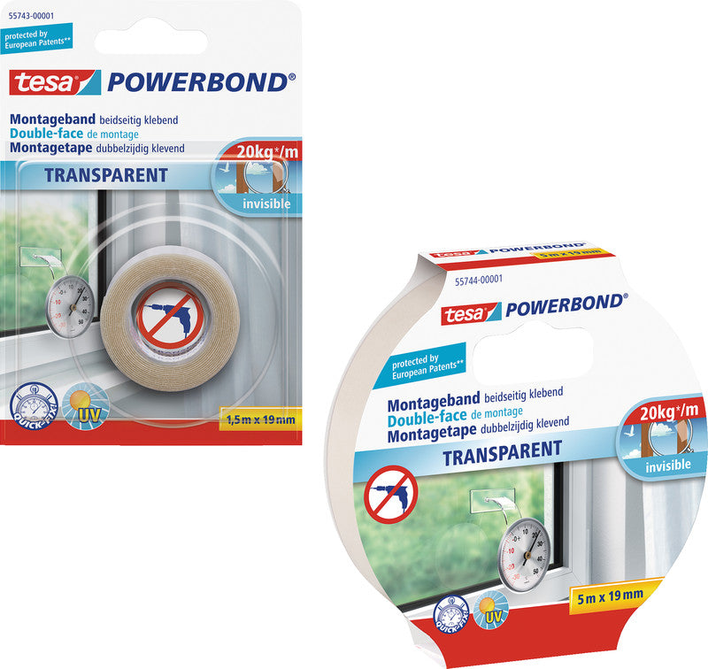 Tesa Powerbond Montageband, stark, für glatte Oberflächen – 19 mm × 1,5 m, transparent, bis 2 kg/10 cm