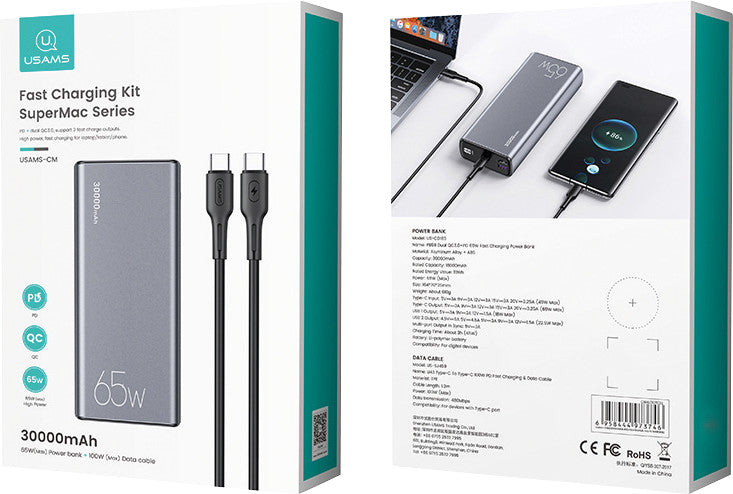 Usams Powerbank 30000 mAh, PD 65 W, 2× USB-A, 1× USB-C, für Smartphones, Tablets, Notebooks, Grau