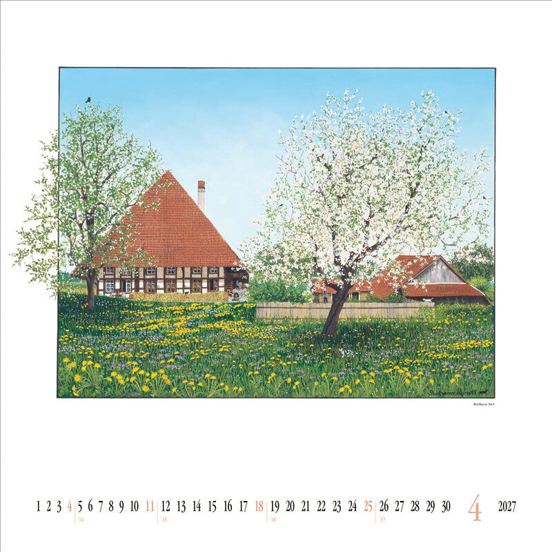 Kuratli Kunstkalender Susanna Bauernhäuser 2027 – 42 × 42 cm – mit Aufhänger, mit Kartonrückwand