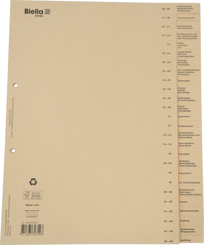 Biella Register – A4, 26-teilig, Papier, braun, vorgedruckt, 2-fach gelocht, 50 Tarifposten
