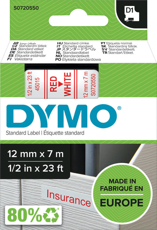 DYMO Schriftband – 12 mm × 7 m, weiss, rot – für LabelPoint 200, 250, 300, u. a. – D1