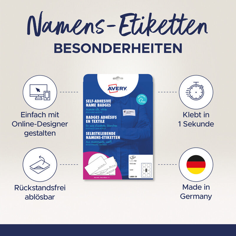 Avery Textiletiketten, Ø 65 mm, weiss, Textil, selbstklebend, wiederablösbar, 160 Etiketten (20 Blatt)