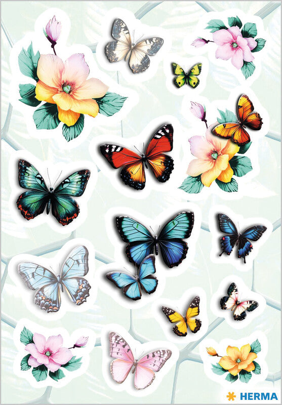 HERMA Schmucketiketten – Schmetterlinge & Blumen, permanent, mehrfarbig, 84 × 120 mm, 3 Blatt (45 Stk.)