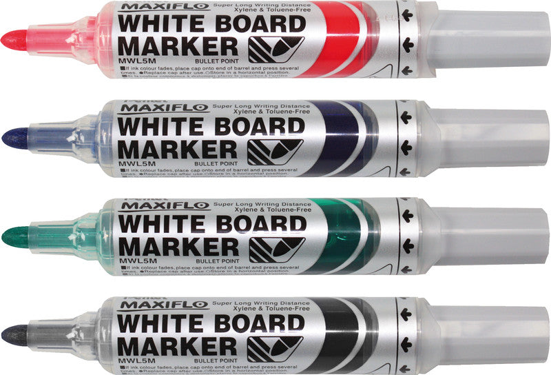 Pentel Whiteboard-Marker Maxiflo MWL5M – Konische Spitze 6 mm – Sortiert – 4er-Set – Trocken abwischbar