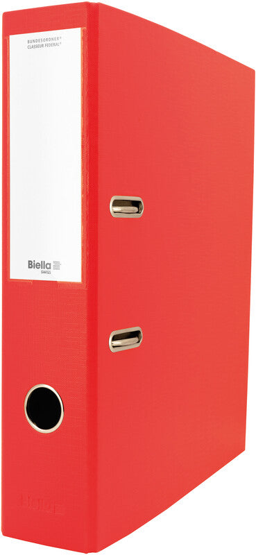 Biella Ordner – A4 hoch – 2-Ring Hebelmechanik, Rücken 70 mm – rot, mit Niederhalter, Raumsparösen, FSC
