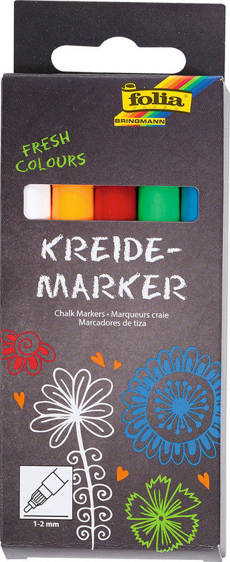 Folia Kreidemarker – Rund, 1–2 mm – 5er-Set, Farben sortiert (weiss, orange, rot …)