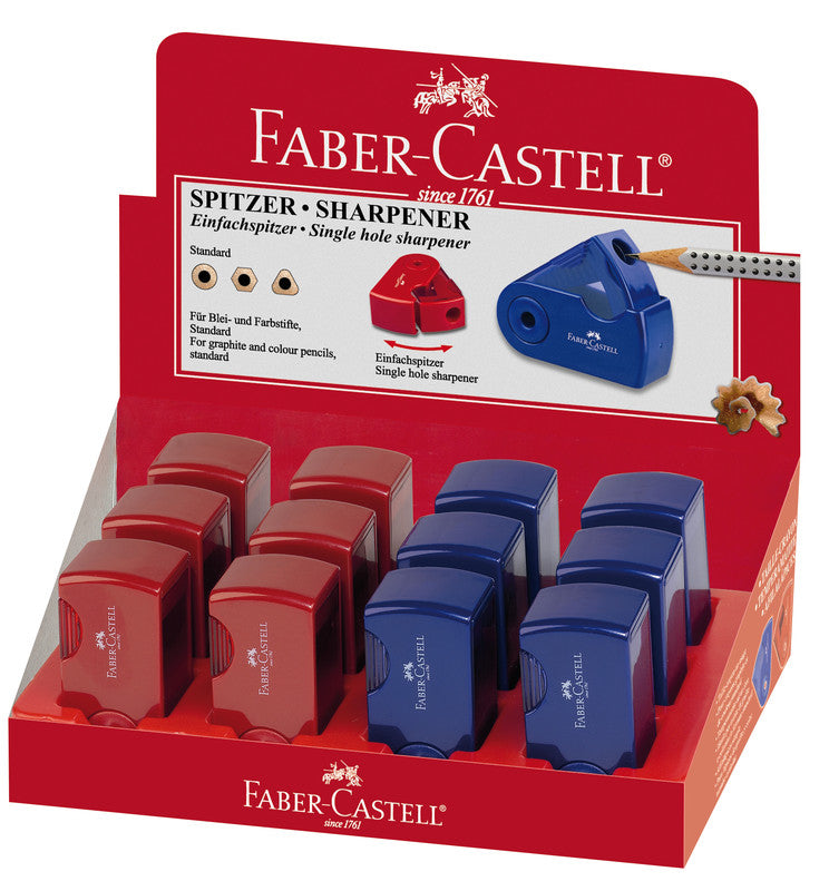 Faber-Castell Spitzer – manuell, 1-Loch, mit Behälter, für 8 mm Blei- und Farbstifte, Kunststoff, assortiert
