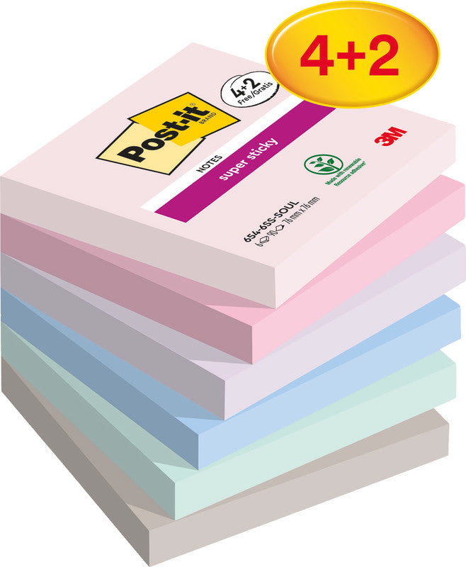 Post-it Haftnotizen – 76×76 mm – sortiert, 6×90 Blatt, Super Sticky, PEFC