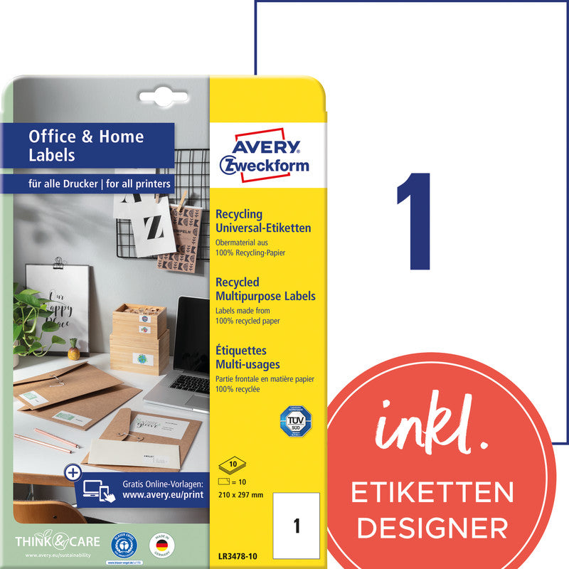 Avery Haftetiketten, 210 mm × 297 mm, naturweiss, Altpapier, permanent, 10 Blatt
