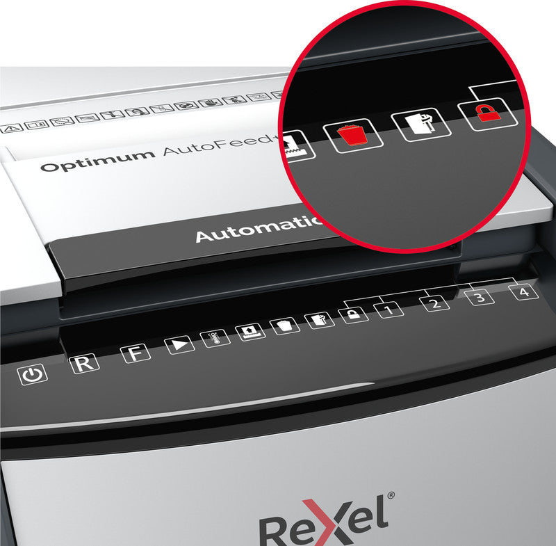 Rexel Optimum AutoFeed+ 90X – Aktenvernichter mit Autofeed 90 Blatt, DIN P-4, Partikelschnitt 4 × 28 mm, 34 l