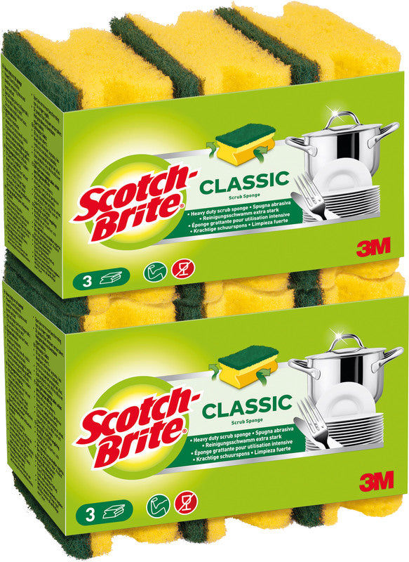 3M Schwamm Classic – Kunststoff, 9 × 4,5 × 7 cm, gelb, für Metallbehälter, Pfannen, Gartengeräte, 6 Stk.