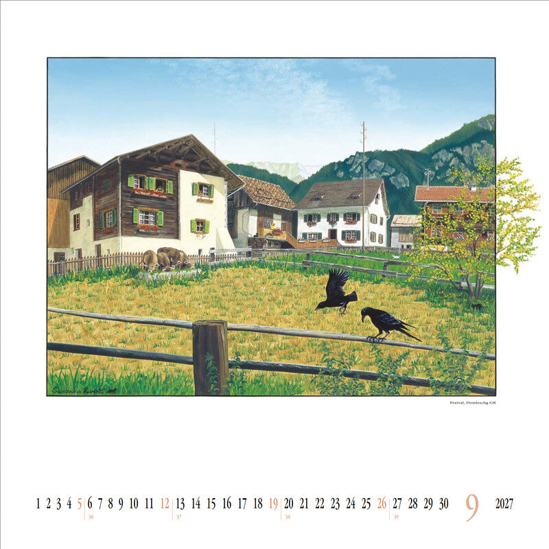 Kuratli Kunstkalender Susanna Bauernhäuser 2027 – 42 × 42 cm – mit Aufhänger, mit Kartonrückwand