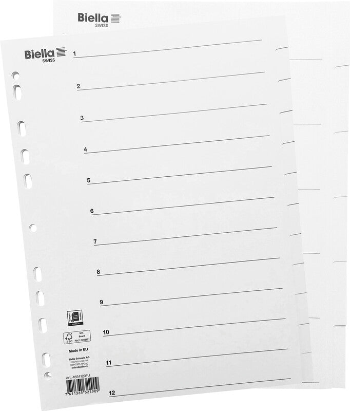 Biella Register – Vollformat, 12-teilig, Karton, weiss, unbedruckt, 11-fach Lochung, für A4 hoch