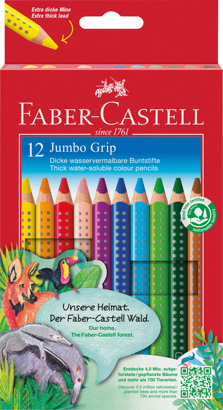 Faber-Castell Aquarellfarbstifte Jumbo Grip – 12 Farben, im Kartonetui, Ø 5,3 mm, dreikantig, FSC