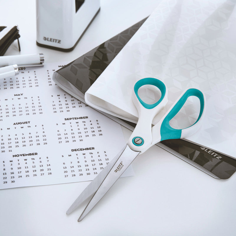 Leitz Schere 20,5 cm, für Rechts- und Linkshänder – Edelstahl, titanbeschichtet, Eisblau/Weiss
