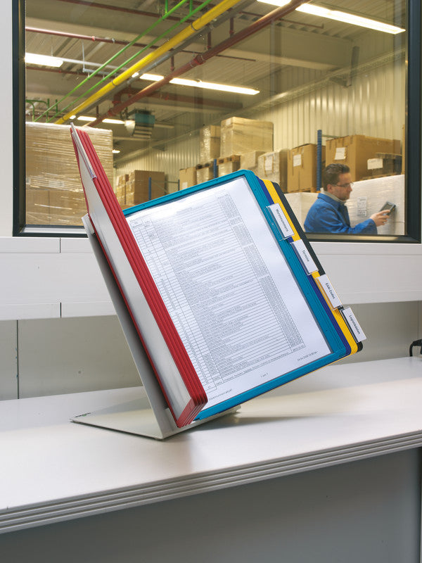 Durable Sichttafelsystem Tischständer – 270 × 395 mm, grau, Metall/Kunststoff, Reiter inkl., scannertauglich