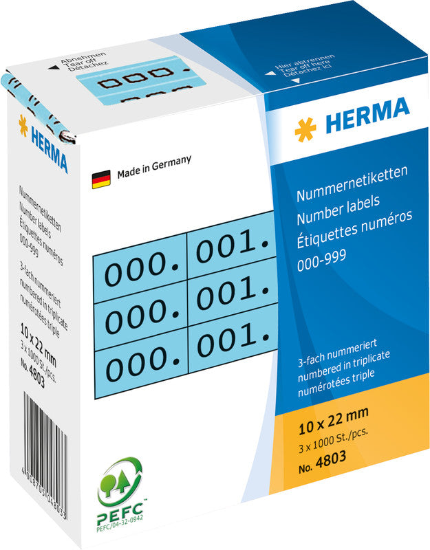 HERMA Schuletiketten – Motiv nummeriert 0–999 – 10×22 mm, 3000 Stk, Papier, permanent haftend
