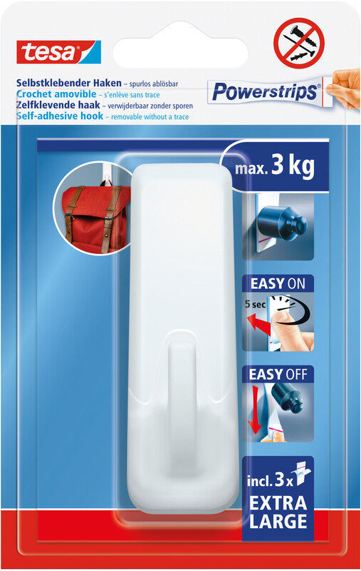 TESA Klebehaken – Kunststoff, weiss, 3 × 9,4 × 3,6 cm – 1er-Pack