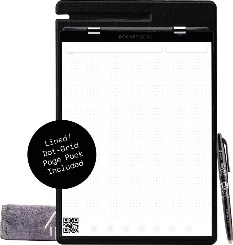 Rocketbook Notizblock, liniert, punktkariert, 20 Blatt, Hardcover – schwarz, für Rocketbook App
