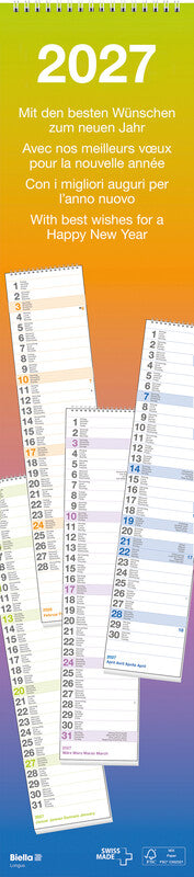 Biella Wandkalender Longus – viersprachig d/f/i/gb – 2027 – Spiralbindung – 12 × 54,5 cm