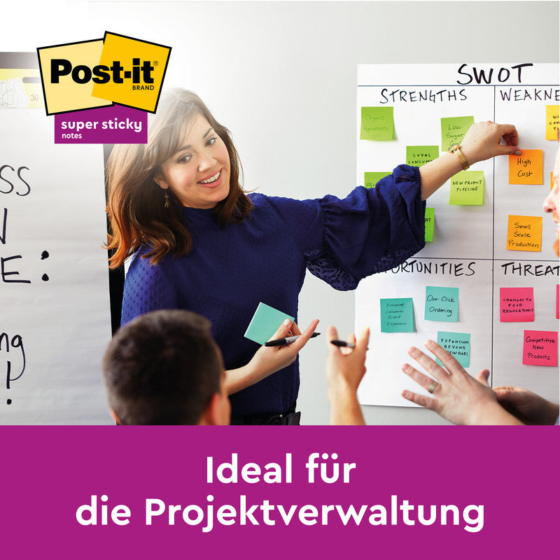 Post-it Super Sticky Haftnotizen – 76×76 mm – sortiert, 6×90 Blatt, PEFC
