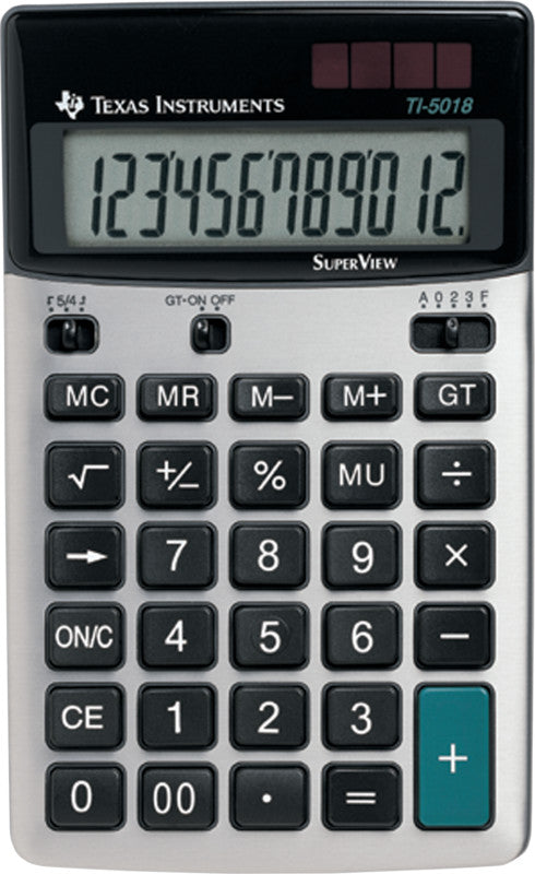 Texas Instruments Taschenrechner 5018 SV – 12-stellig, LCD, Steuer/Prozent, Solar + Batterie, grau