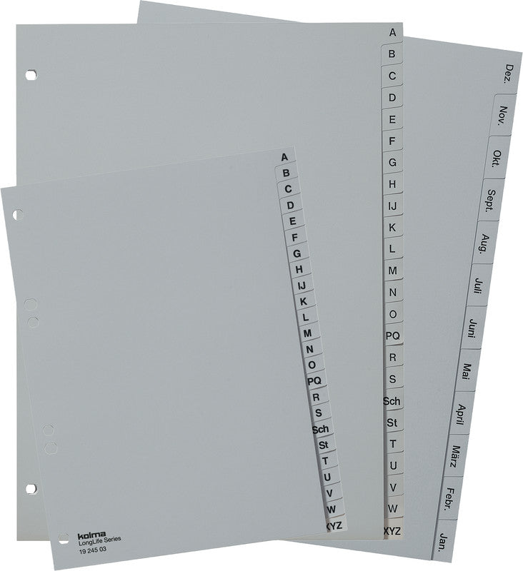 Kolma Register – 24-teilig, PVC, grau, vorgedruckt, 2-fach gelocht, für A5 hoch
