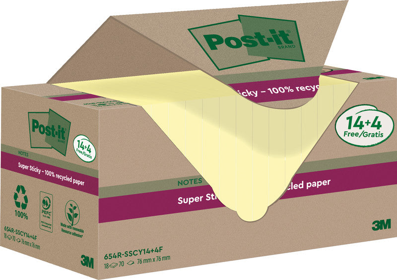 Post-it Super Sticky Haftnotizen – 76×76 mm – gelb, 18×70 Blätter, PEFC