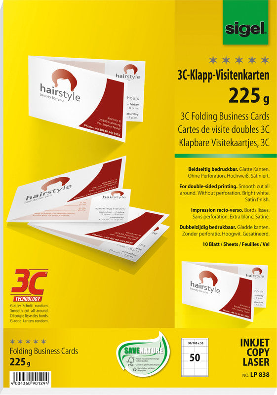 Sigel Visitenkarten, 180 × 55 mm – für Laser/Inkjet/Kopierer – A4, 5 pro Blatt – 50 Karten – FSC-zertifiziert