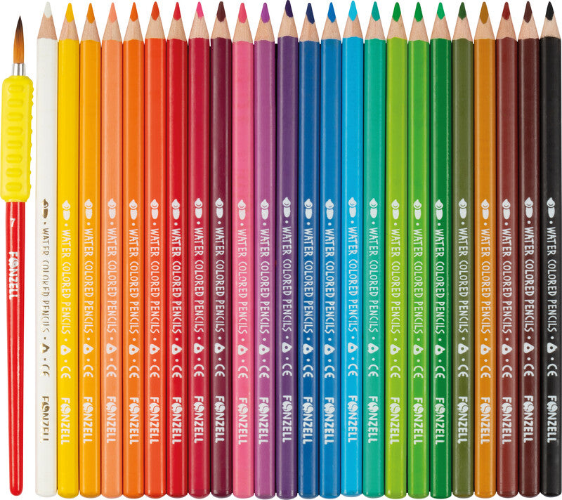 Fonzell Aquarellfarbstifte-Set – 24 Farben, Dreikant, Mine Ø 3,3 mm, Dreiecksetui, mit Pinsel
