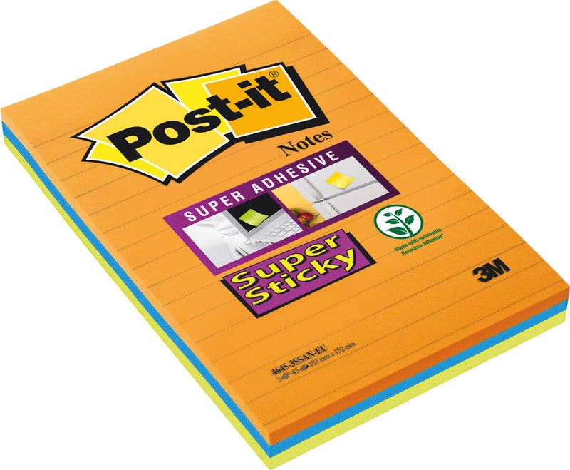 Post-it Haftnotizen Super Sticky – 102×152 mm – sortiert, 3×45 Blatt, liniert, PEFC
