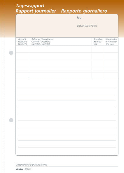 Simplex Formularblock – Tages-Rapporte, mehrsprachig, 50 Blatt, A5