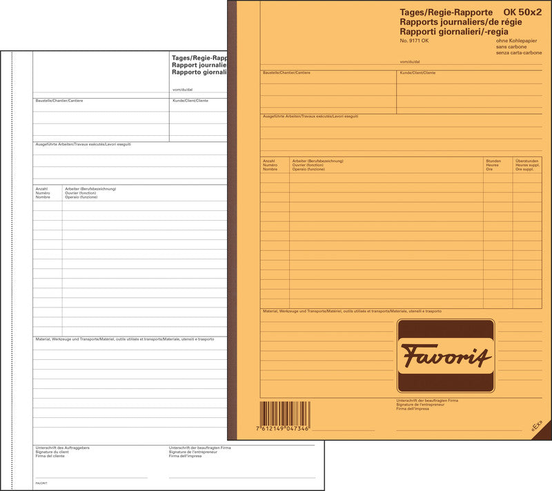Favorit Formularblock – Tages/Regie-Rapporte, mehrsprachig, 50 Blatt, A4