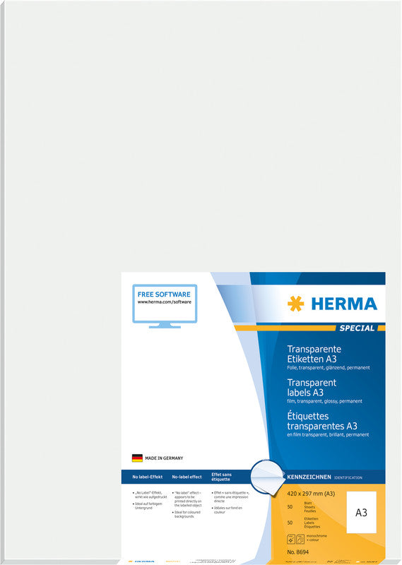 HERMA Drucketiketten, 410 mm × 297 mm, transparent, Folie, permanent, 50 Blatt