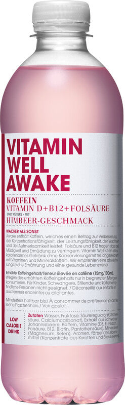 Vitamin Well Vitaminwasser Awake Himbeere mit Koffein ohne Kohlensäure – 5 dl