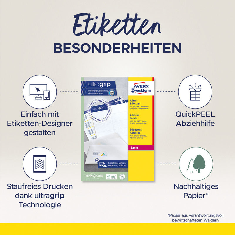 Avery Adressetiketten, 99,1 mm × 38,1 mm, weiss, Papier, permanent, 100 Blätter (1'400 Etiketten)