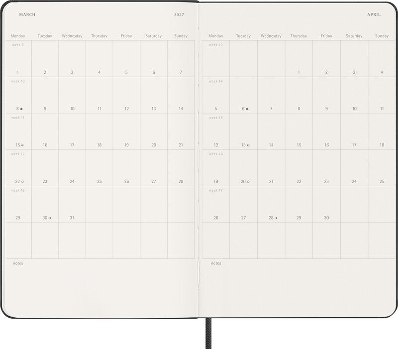 Moleskine Agenda – 1 Woche/2 Seiten, gebunden, 13 × 21 cm, 2027, schwarz, FSC