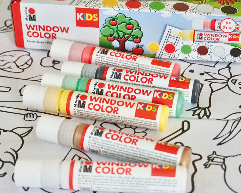 Marabu Kinder Fenstermalfarbe – 6 Farben (6×25 ml, 150 ml) – für Glas, Porzellan, Spiegel
