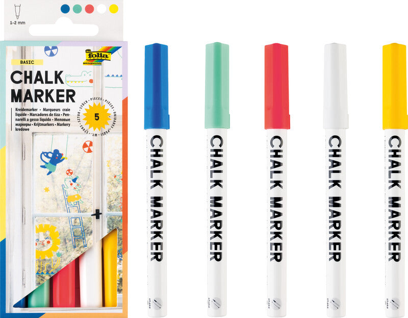 Folia Kreidemarker – Rund, 1–2 mm – 5er-Set, Farben sortiert (blau, grün, neonrot, …)